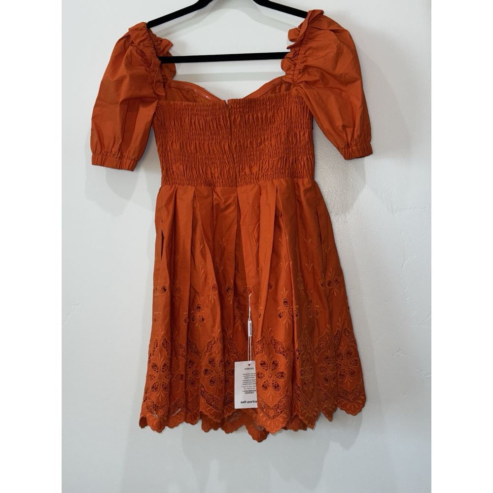 Self Portrait Cinnamon Floral Broderie Puff Sleeve Scallop Mini Dress Size 2 - Picture 5 of 10